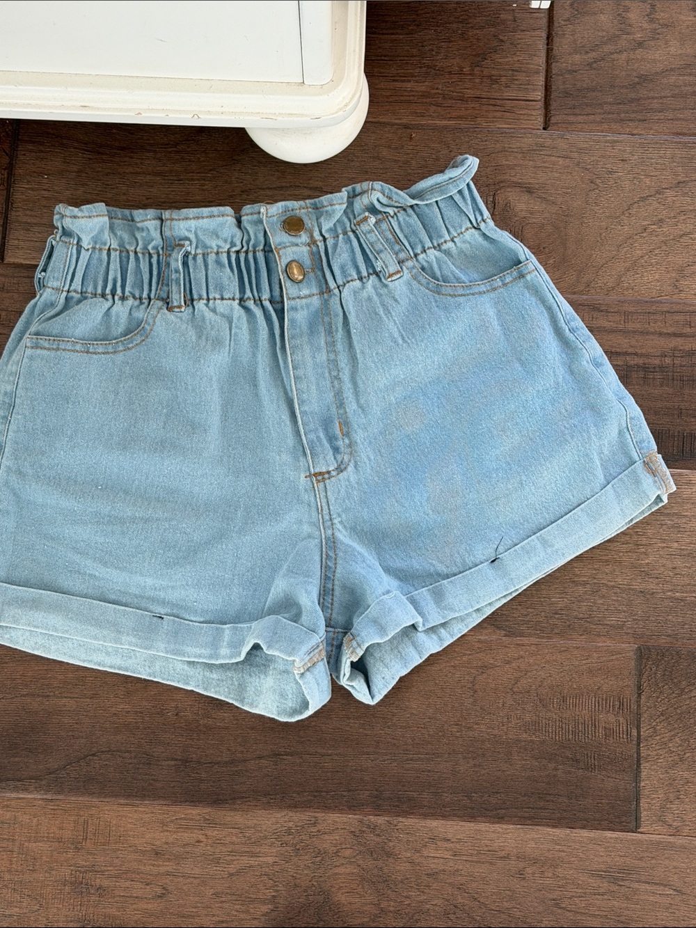 High-Rise Light Wash Denim Paperbag Shorts with Rolled Hem